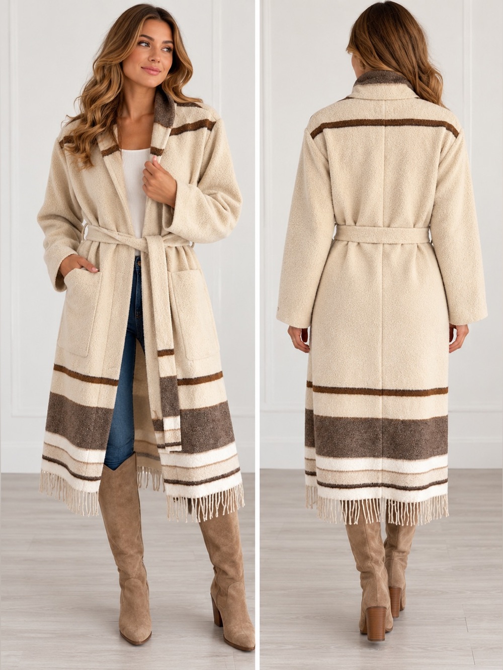 Something Navy Mantel Striped Wool Blend Coat in Cream & Brown Size Medium NWT